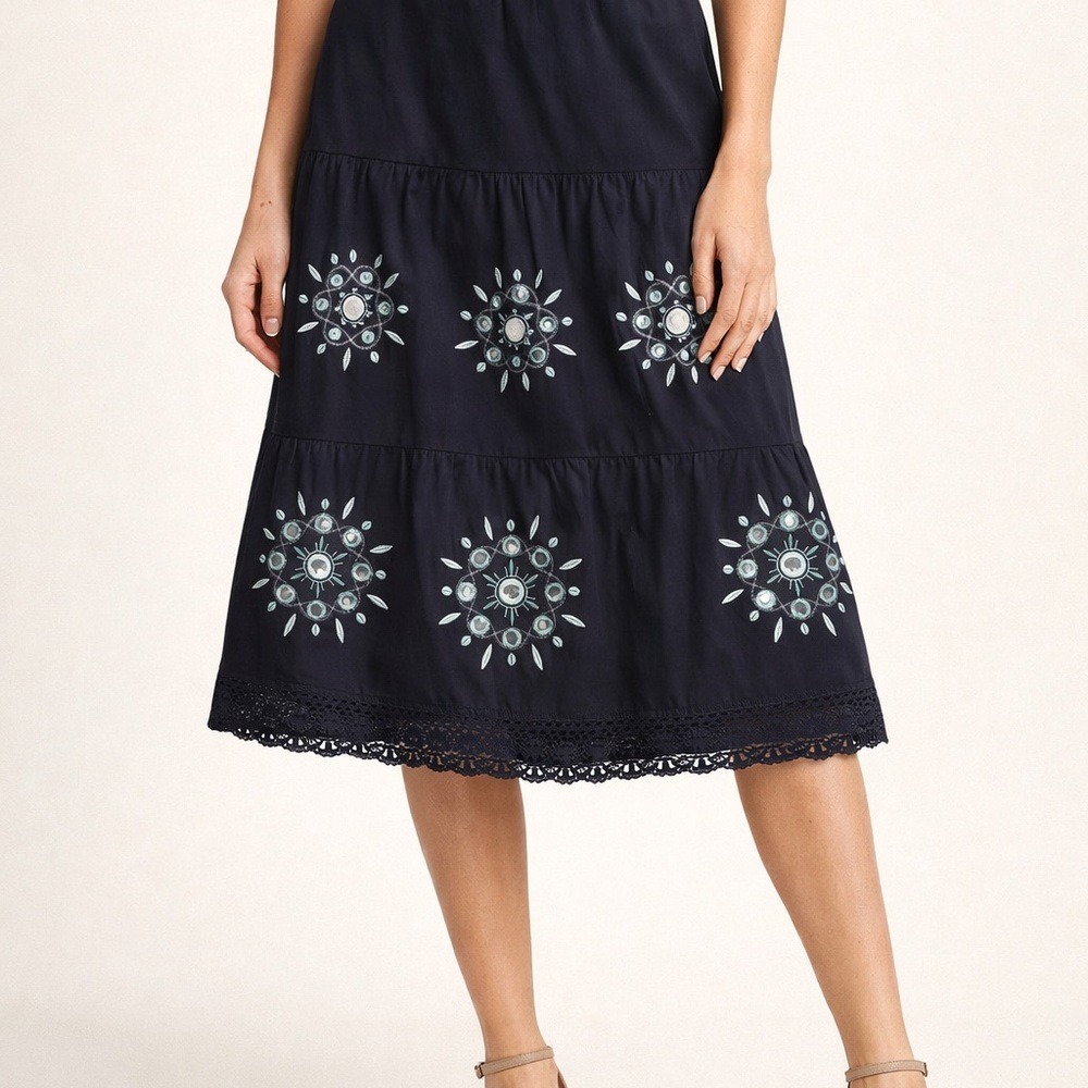 Ann Taylor LOFT Petites 2P‎ Navy Embroidered Boho Peasant Skirt Mirror Beaded